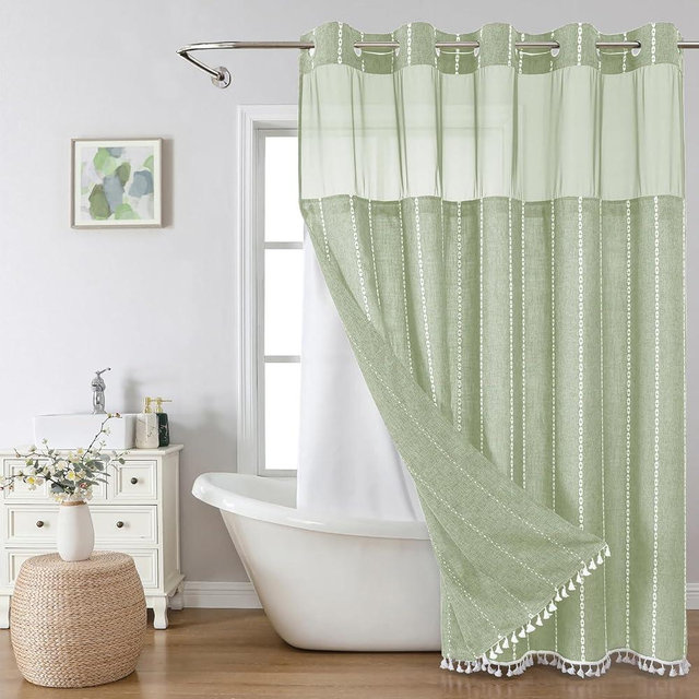 eachope Sage Green Farmhouse No Hook Shower Curtain Set with Snap-in Fabric Liner,Boho Heavy-Duty Linen Textured Rustic Striped Design,Water-Repellent with Tassels and Sheer Window,71x74
