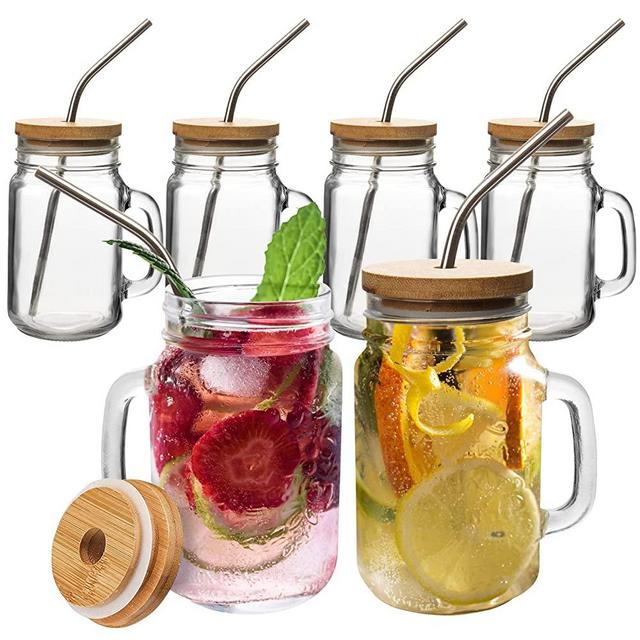 6 Pack Mason Jars with Handle - OAMCEG 16OZ Glass Mason Jar Cups with Lids and Straws, Large Glass Juice Bottles, Reusable Wide Mouth Smoothie Jars, Old Fashion Mason Jar Cups for Tea, Iced Coffee