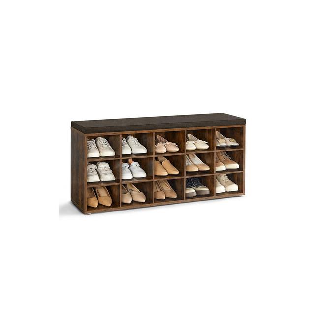 VASAGLE Shoe Rack Bench Storage Bench with Cushion 15 Compartments Rustic Brown