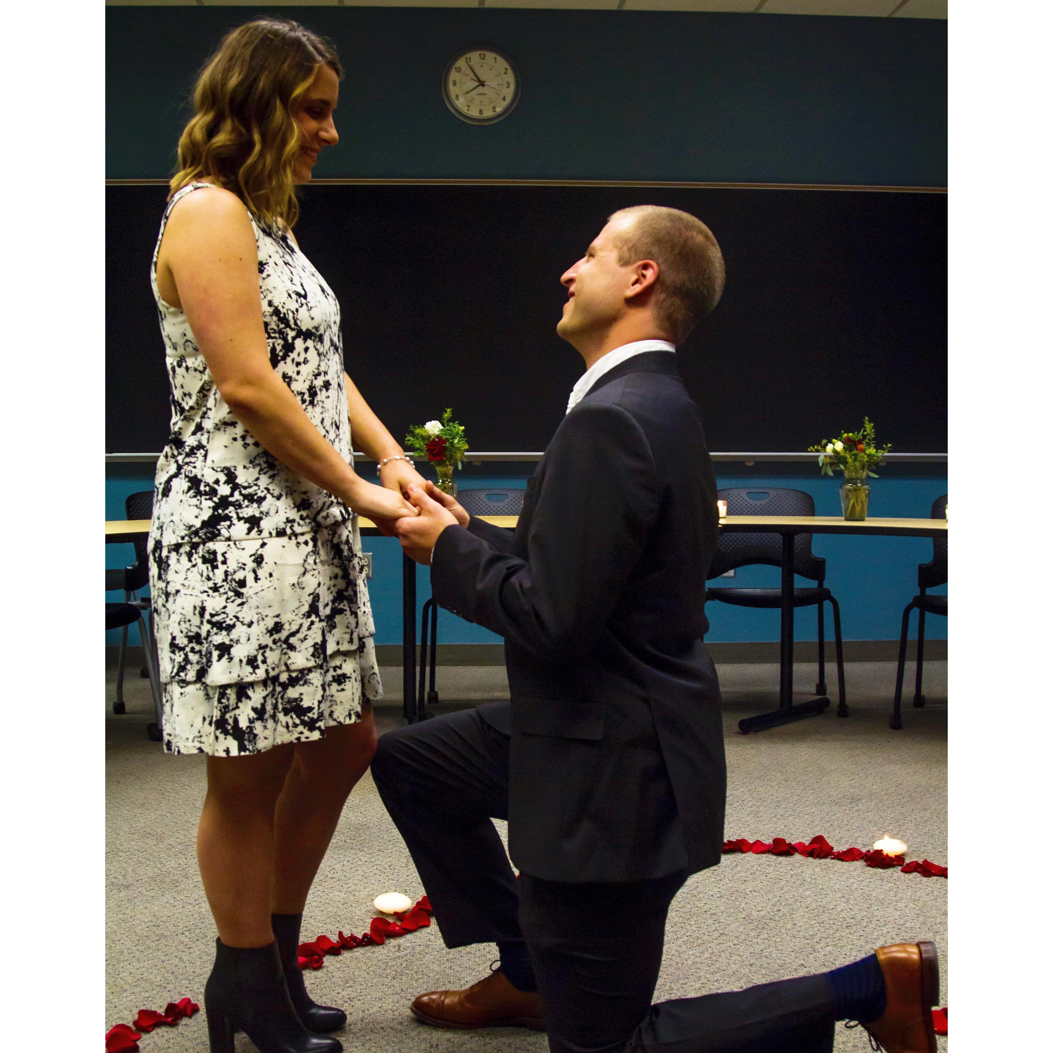 When he asked and she said yes. Abe took Jenna back to the classroom where they first met to pop the question.