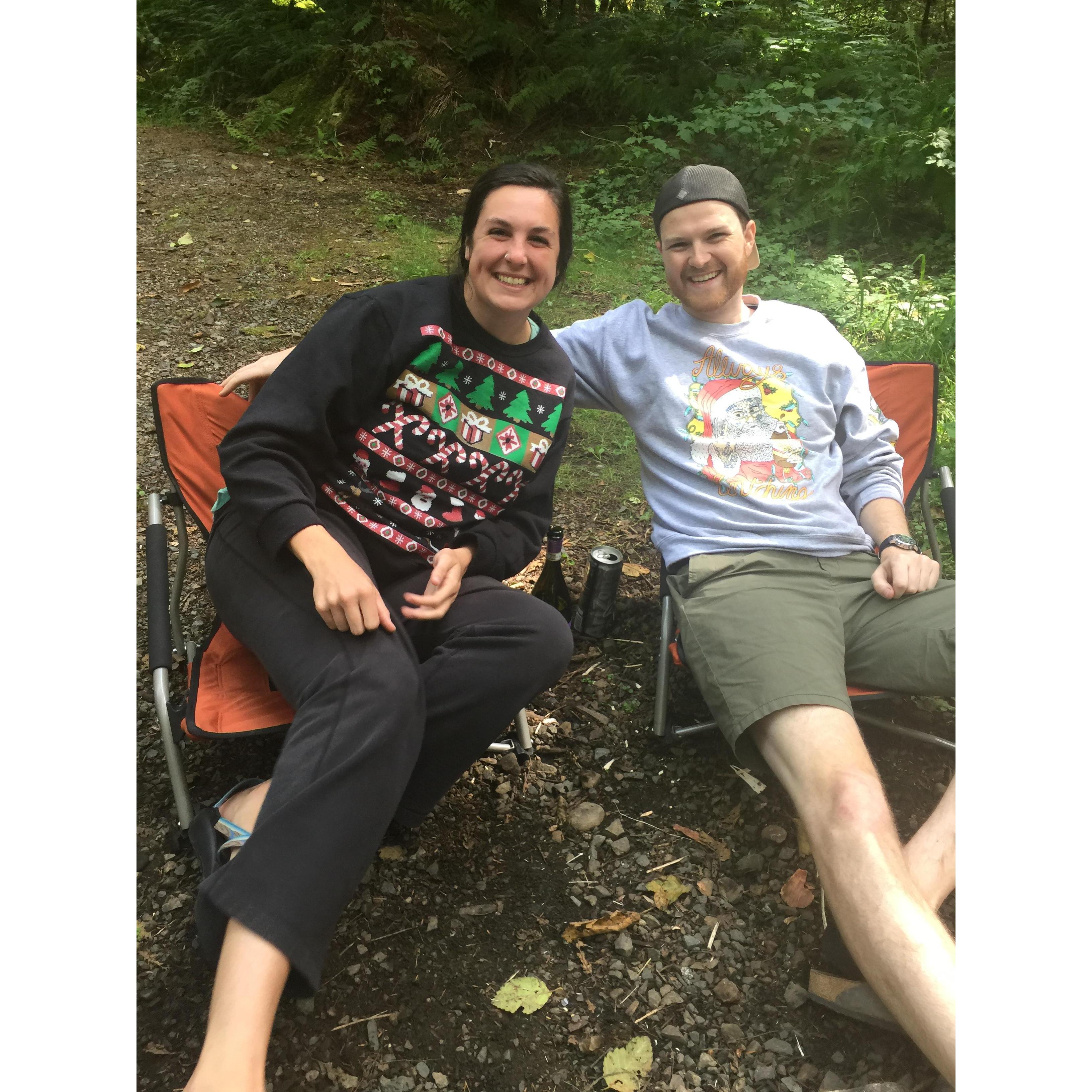 Camping in August when we both packed Christmas sweaters without knowing the other was (2019)