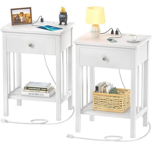 Homykic White Nightstand with Charging Station, Bamboo Nightstands Set of 2 with USB Ports and Outlets, Bedside Table End Table Side Table with Drawer and Storage Shelf for Bedroom, Easy to Assemble