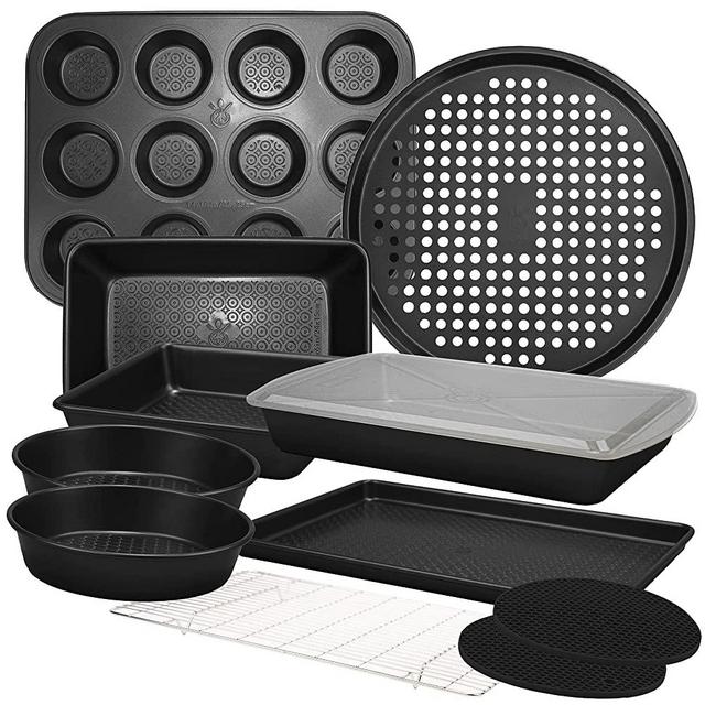KITCHENATICS 12-PC Baking Pan Set Nonstick, Durable Carbon Steel Baking Sheets for Oven, Nonstick Baking Pans Set with Muffin Pan, Loaf Pan, Pizza Pan, Cookie Sheet Pan - Black Bakeware Sets