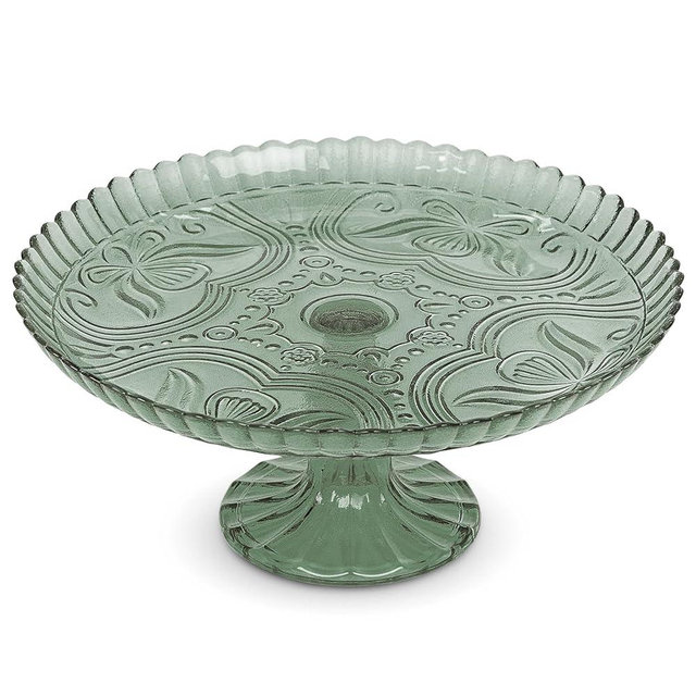 Amici Home Flower Footed Glass Cake Stand | Round Vintage Style Cake Plate | Serving Platter for Cupcakes, Cookies | Dessert Display Stand for Parties, Weddings, and Gift | 10” D x 4” H (Green)