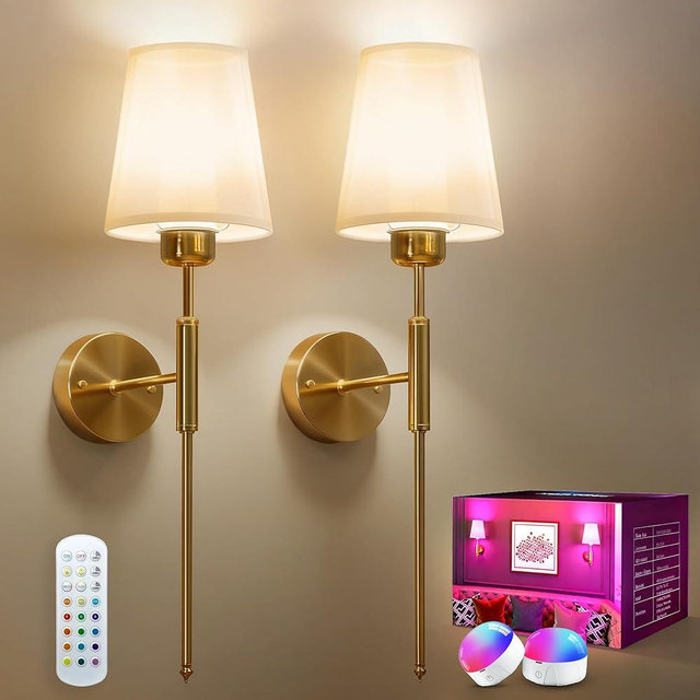SMARYONG Battery Operated Wall Sconces Set of 2, Rechargeable Wall Lights with Dimmable Bulbs and Remote, 5200mA and Timing Wireless Wall Lamp for Bedroom Living Room Bathroom Home Decor (Gold)