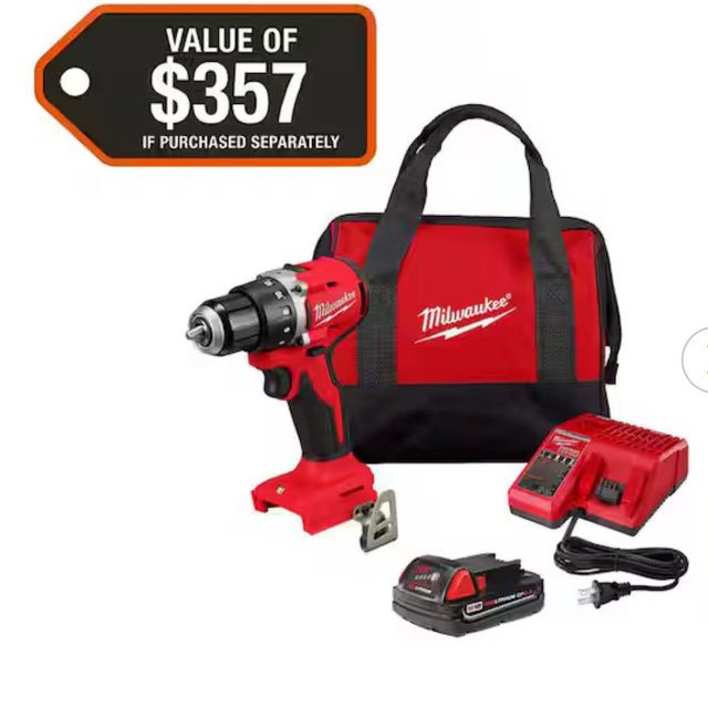 Milwaukee M18 18V Lithium-Ion Brushless Cordless 1/2 in. Compact Drill/Driver with One 2.0 Ah Battery, Charger and Tool Bag 3601-21P