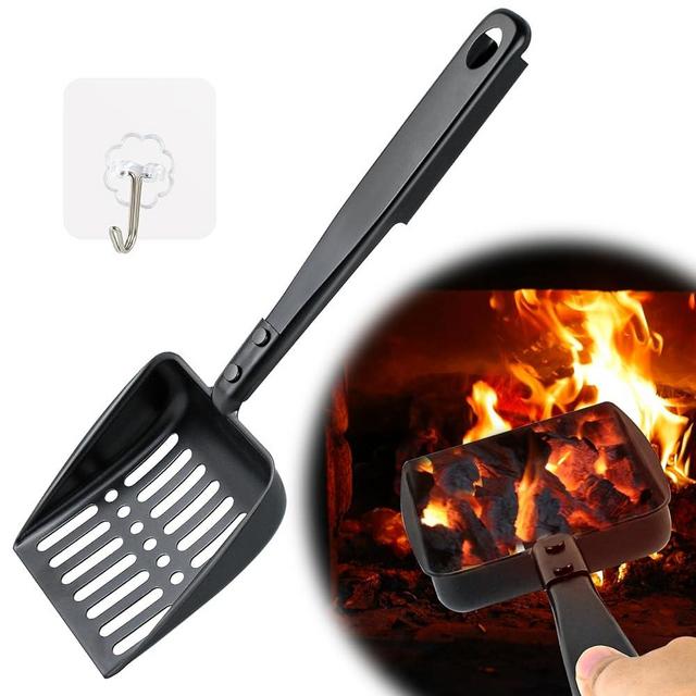 13 Inch Hollow Out Fireplace Ash Sifter Metal Black Coal Shovel Heat Resistant Fireplace Scoop Charcoal Shovel Fireplace Tools with Self-Adhesive Hook for Wood Stove Indoor Fireplace Fire Pit