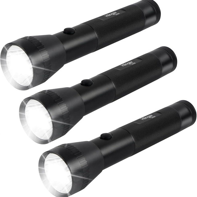 Hilngav Heavy Duty 2-Cell D Battery LED Big Flashlights, High Lumens, Single Mode, Aluminum, Rugged Metal Flashlight for Outdoors and Emergency Power Outages (3 Pack)