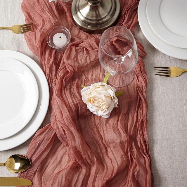 2 PCS 13Ft Table Runner for Wedding, Cotton Cheesecloth Table Runner Linen Table Runner Rustic Table Runner Bridal Party Decor Wedding Table Decor (Red Bean)