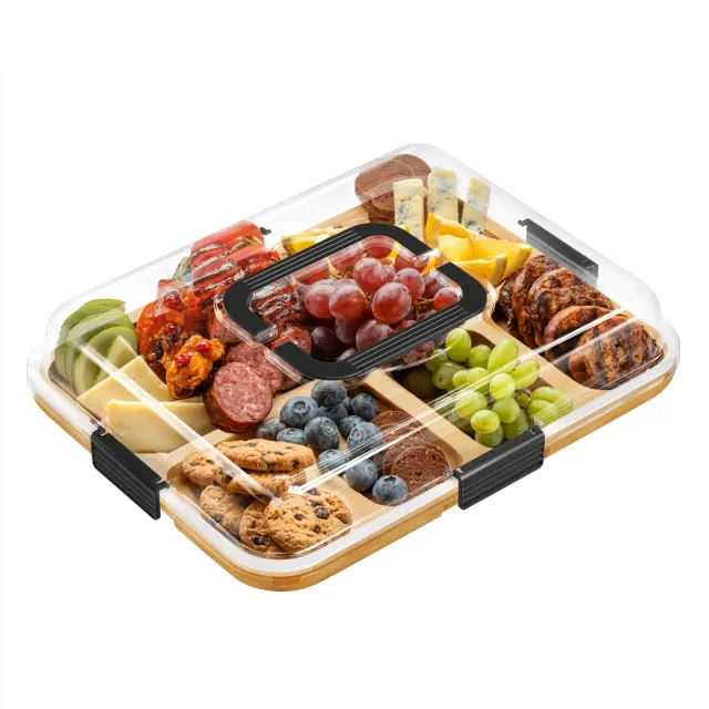 Charcuterie Board with Clear Lid, Bamboo Cheese Cutting Board with 8 Compartments, Picnic Serving Tray with Black Handles