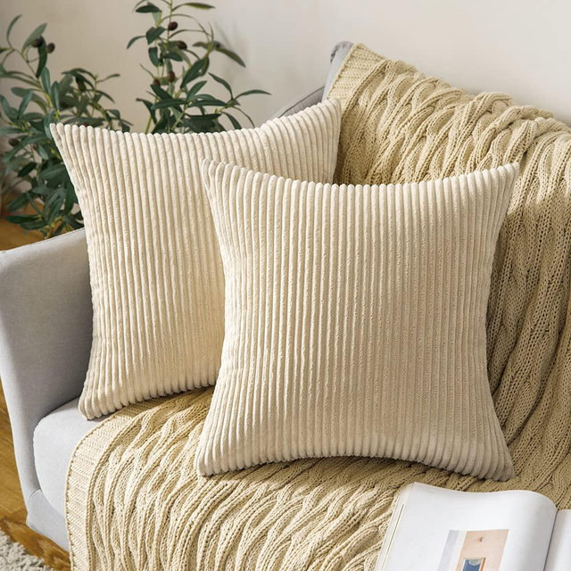 MIULEE Pack of 2 Corduroy Pillow Covers Soft Soild Striped Throw Pillow Covers Set Decorative Square Cushion Cases Pillowcases for Sofa Bedroom Couch 18 x 18 Inch Beige