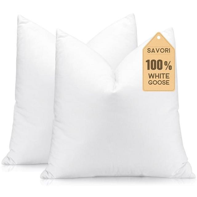 SAVORI Set of 2 Down and Feather Throw Pillow Inserts 22x22 Soft Fluffy Pillow Inserts with 100% Down-Proof Cotton Cover, Decorative Square Cushion Inner for Sofa Couch Bed-White