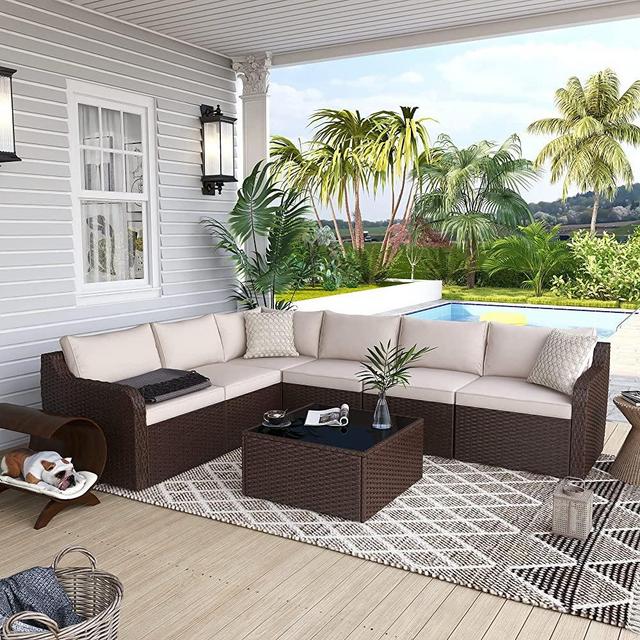 Vicluke 7 Piece Patio Furniture Set, Rattan Wicker Sectional Sofa Set with Ergonomic Curved Armrest, Outdoor Conversation Set with Waterproof Cushion and Glass Table for Garden, Backyard(Khaki)