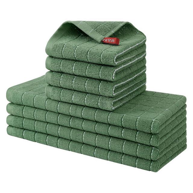 Homaxy Kitchen Towels and Dishcloths Set, 12 x 12 and 13 x 28 Inches, Set of 8 Bulk Cotton Terry Kitchen Towels Set, Checkered Designed, Soft and Super Absorbent Dish Towels, Grass Green