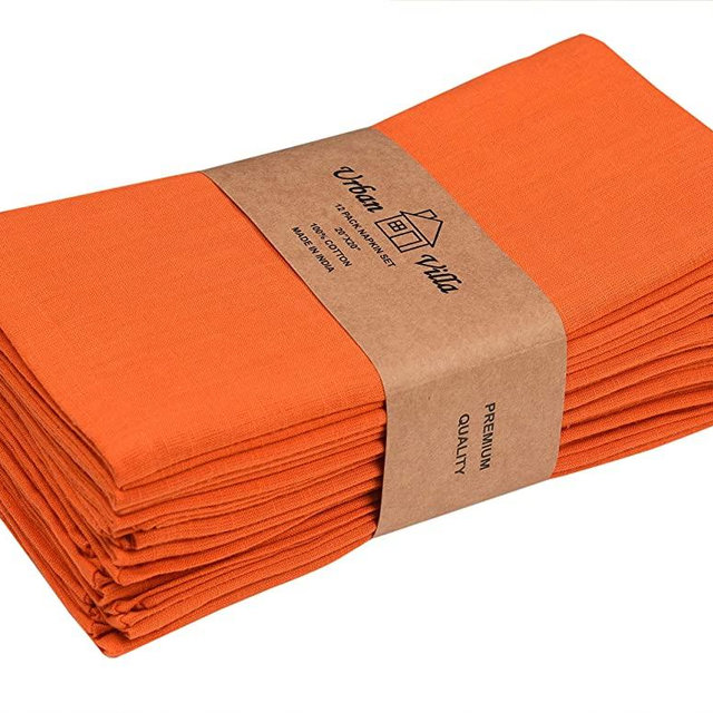 Urban Villa Solid Slub Orange Color Dinner Napkins Everyday Use Premium Quality 100% Cotton Set of 12 Size 20X20 Inch Over sized Cloth Napkins with Mitered Corners Ultra Soft Durable Hotel Quality