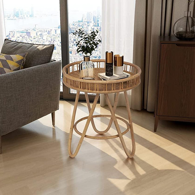 Tray Top End Table, FINECASA Rattan End Table, Tall Side Table, End Table, Coffee Table Set for Living Room, Hand-Woven Rattan Top, Hairpin-Leg Tray Table, 19.75x22.5 Inches, Natural Wood