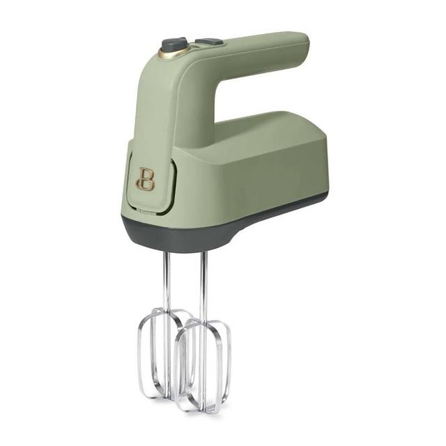 Beautiful 6-Speed Electric Hand Mixer with Turbo Function and Storage Case - Lightweight, Dishwasher Safe Parts, Corded Electric by Drew Barrymore (Sage Green)
