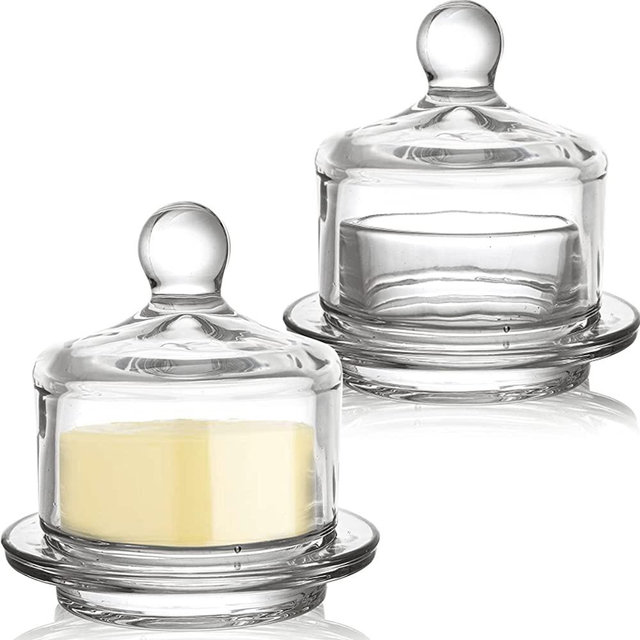 Dicunoy 2 Pieces Glass Butter Dish, Small Glass Butter Keeper with Dome Lid and Easy Grip Handle, Clear Butter Serving Storage Dish with Cover, Round Crystal Covered Mini Butter Cloche