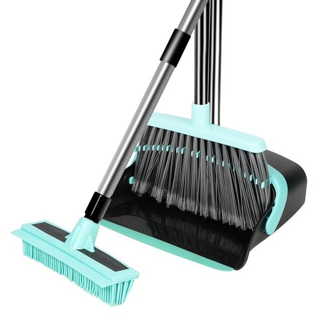 Broom with Dustpan Combo Set,Pet Hair Rubber Broom with Carpet Rake and Squeegee,Long Handle Broom with Upright Standing Dustpan for Indoor Cleaning (Black Broom and Rubber Broom)