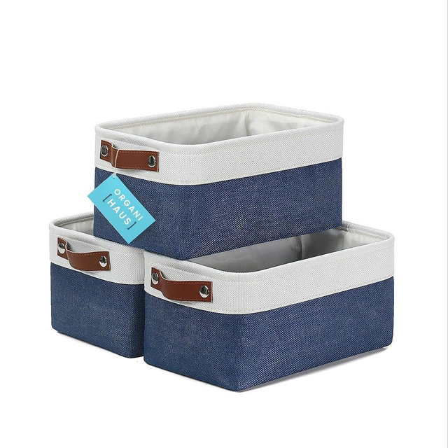 OrganiHaus Small Fabric Storage Baskets 3 Pack, 12x8in Cloth Storage Bins for Shelves, Small Baskets for Organizing Pantry Closet, Canvas Shelf Baskets, Navy Blue/Off-White