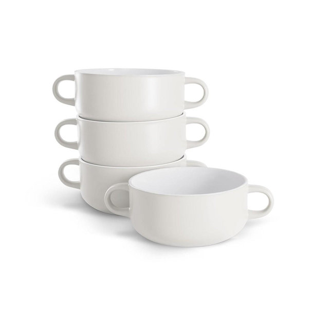 Kook Ceramic Soup Crocks, with Handles, 18 Oz, Set of 4, Coconut White