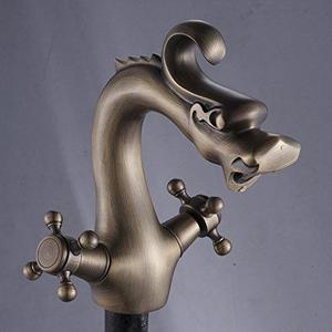 Rozinsanitary Antique Brass Dragon Style Bathroom Sink Faucet Dual Handles Basin Mixer Tap