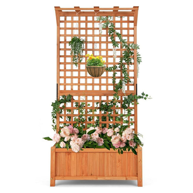 CHEFJOY Wooden Planter Box with Trellis, 72.5” Freestanding Garden Planter w/Hanging Roof, 4 Drainage Holes & Lattice Panel, Raised Garden Bed with Trellis for Vine Climbing Plants Flowers (1)
