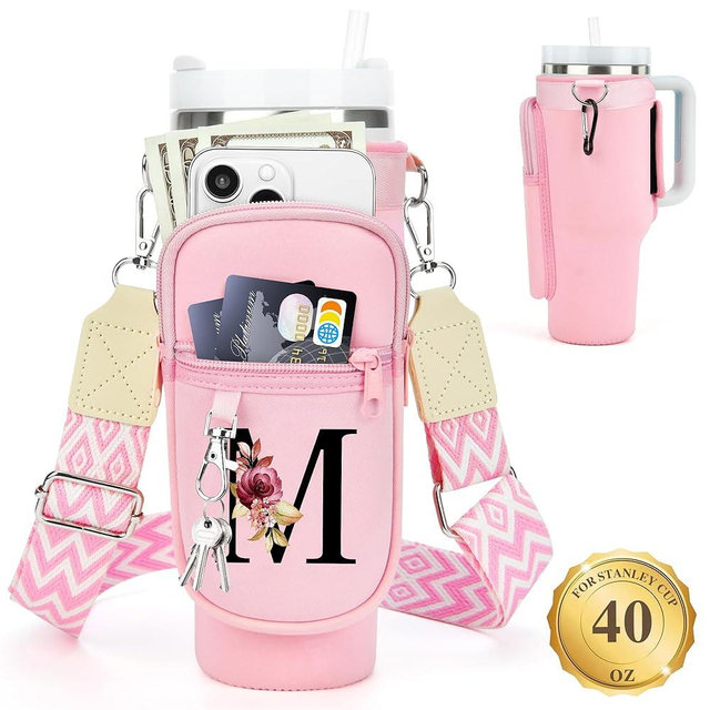 LOKASS Water Bottle Holder with Strap for Stanley Cup 40 oz Tumbler with Handle, Personalized Initial, Water Bottle Carrier Bag with Phone Pocket for Stanley Cup Accessories