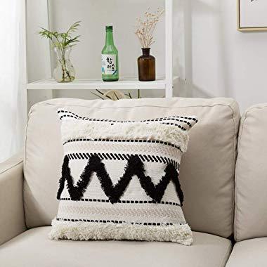 blue page Morocco Tufted Boho Throw Pillow Covers 18X18 Inch - Bohemian Woven Pillow Cases, Accent Pillows for Bed, Modern Tribal Textured Decorative Square Pillows Cover ONLY (Black Off White)