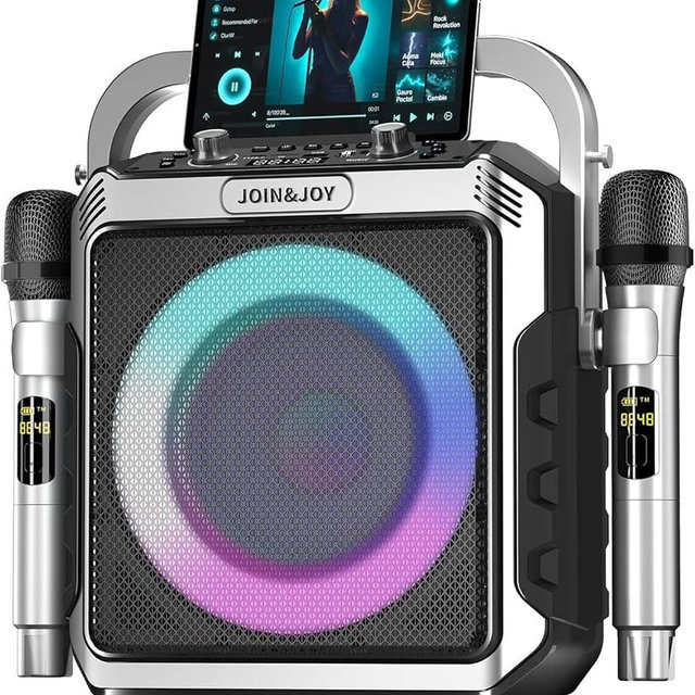 Portable Karaoke Machine, with Wireless Microphones, Bluetooth Party Speaker with LED Lights, Loud Subwoofer, USB/AUX, Outdoor Karaoke Speaker for Adults & Kids, Home & Party