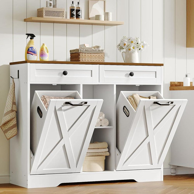 HOOBRO Double Tilt Out Laundry Hamper Cabinet, 23 Gallon Farmhouse Trash Can Cabinet with 2 Drawers and Open Shelving, Wooden Hidden Laundry Hamper, for Bathroom, Kitchen, White and Walnut WH11XY01