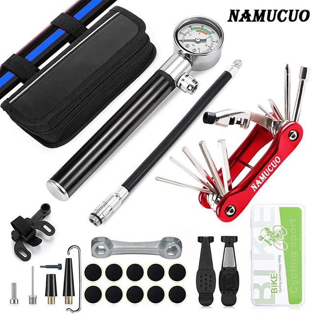 YBEKI Bike Tyre Repair Tool Kit - Bicycle Tool kit with 210 Psi Mini Pump 10-in-1 Multi-Tool（with Chain Breaker）, Tyre Levers &Tire Patch, Bone Wrench, 1 Portable Bag. 6 Month