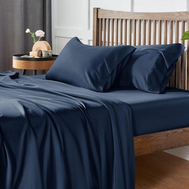 CozyLux 100% Organic Bamboo-Rayon Sheets King Size Navy 300 Thread Count Oeko-TEX Certified Cooling Bed Sheets Set for Night Sweats 4PCS with 16" Deep Pocket Luxury Silky Feel Hotel Bedding