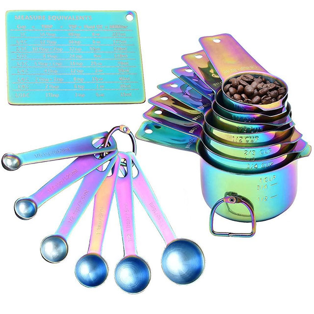 Kich 14 Piece Iridescent Rainbow Stainless Steel Measuring Cups and Spoons Set Magnetic Metal Kitchen Conversion Chart Included Large Small and Mini Scoop Cute Colorful Design