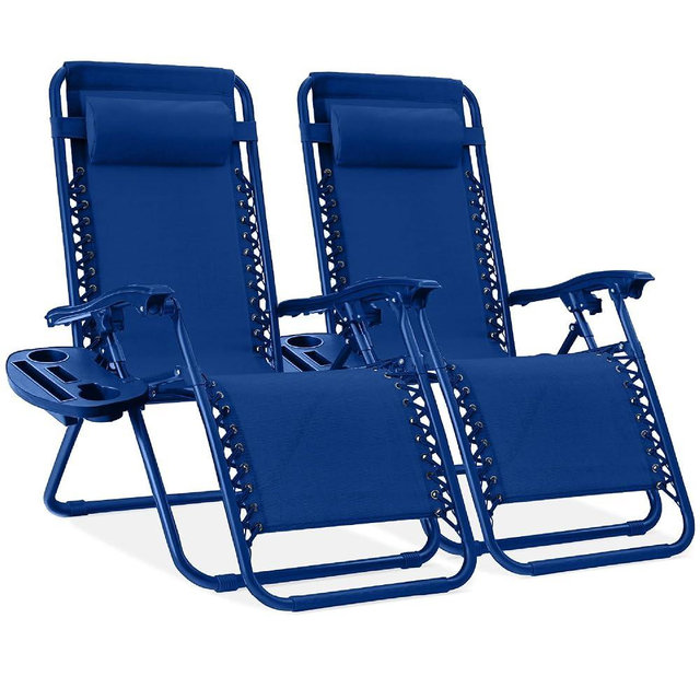 Best Choice Products Set of 2 Adjustable Steel Mesh Zero Gravity Lounge Chair Recliners w/Pillows and Cup Holder Trays - Marine