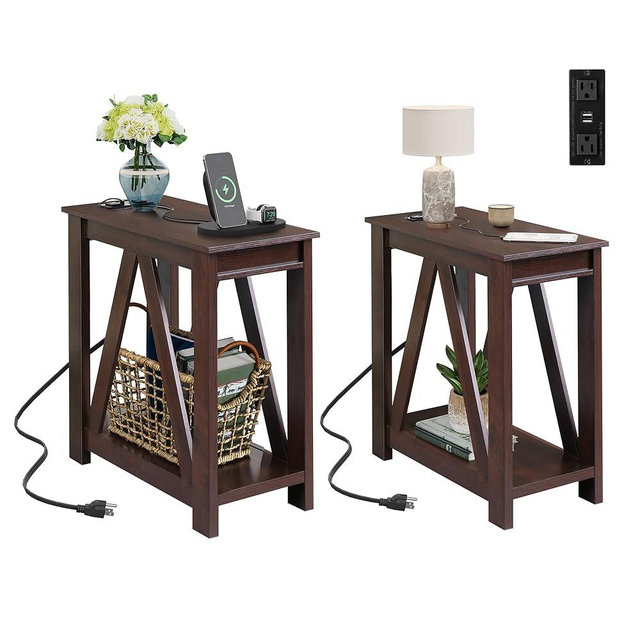 WLIVE End Tables Living Room Set of 2 with Charging Station, Sofa Side Tables with Open Storage Shelf, Slim Farmhouse End Table Sets, Espresso