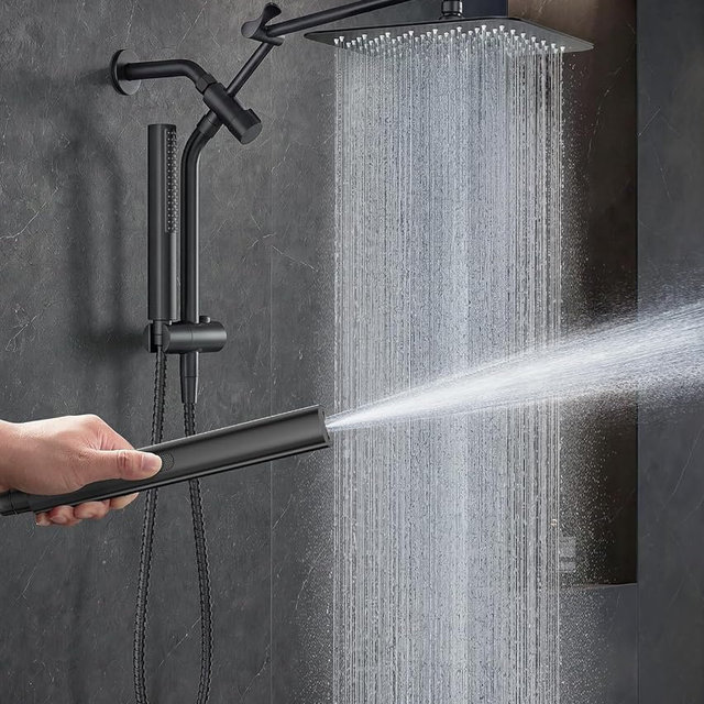Veken All Metal 10" Black Shower Head with Handheld, Luxurious Square Double Rain Shower Heads with Spray Combo, Dual High Pressure Detachable Rainfall Showerhead with Arm,Bathroom Upgrade,Matte Black