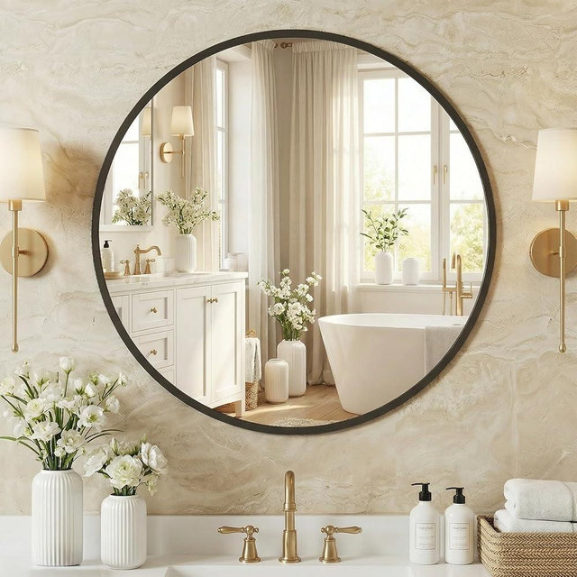 NEWBULIG 24 Inch Round Wall Mirror, Bathroom Mirror for Over Sink, Matte Metal Framed Circle Vanity Mirror, Wall Decor for Bedroom, Entryway, Anti-Rust, Tempered Glass, Hanging or Leaning, Black