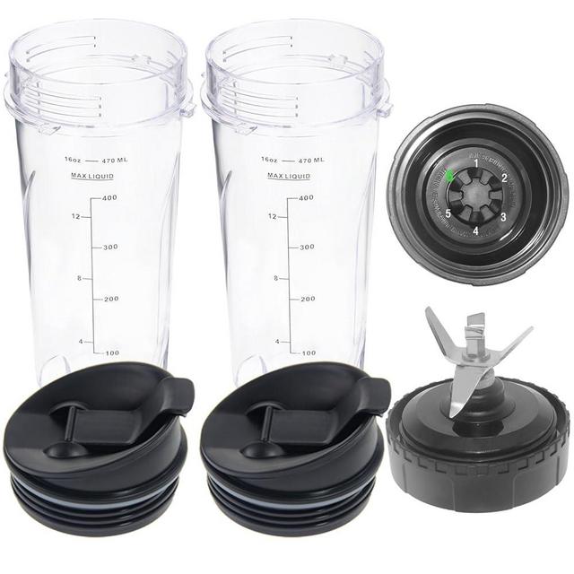Ninja Blender Replacement Parts Compatible with BL770 BL660 BL663 BL663CO BL665Q BL740, 2 Pack Single Serve Ninja Blender 16oz Cups with Sip & Seal Lids &6 Fins Ninja Blender Blade Assembly