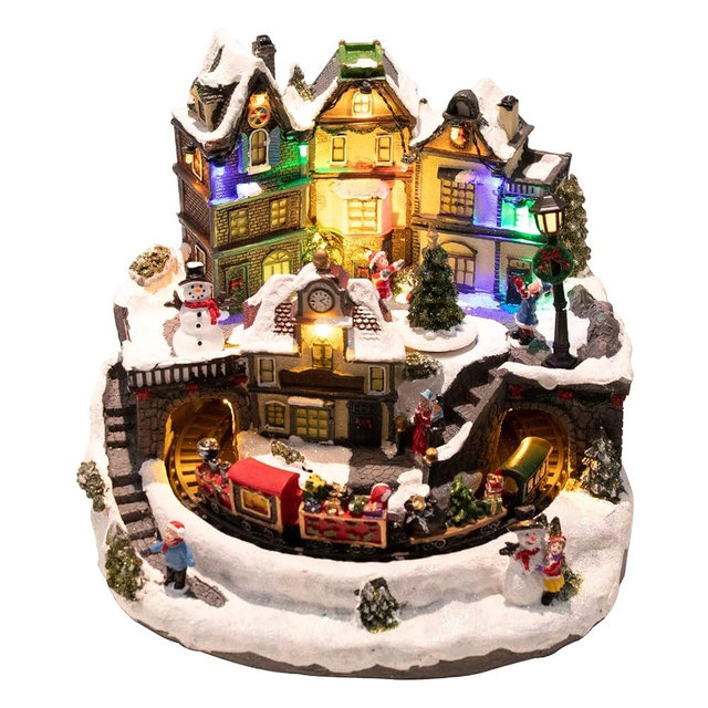 Taman Christmas Village Houses - Collectible Buildings with Moving Train, Family & Snowman, Warm Light Musical Ornaments for Christmas Holiday Decorations