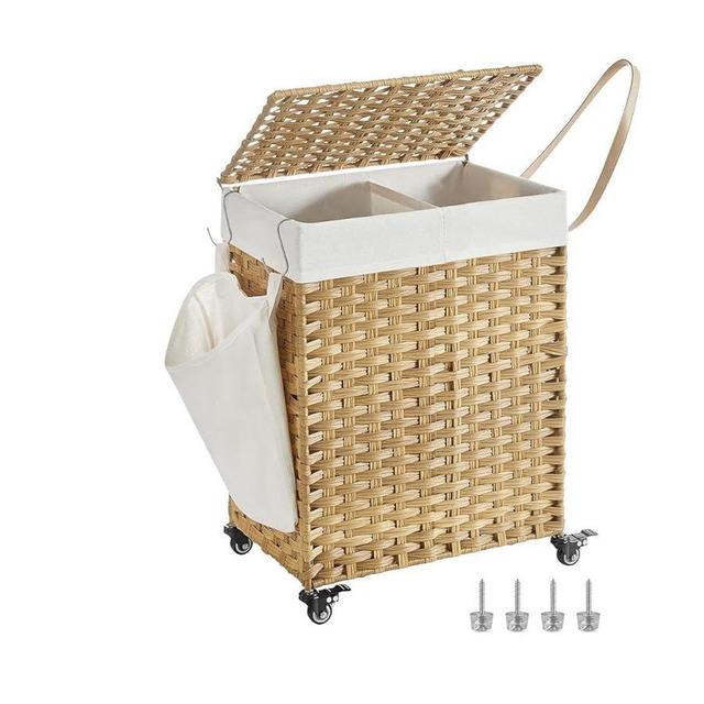 SONGMICS Laundry Hamper with Lid, 38.3 Gallons (145 L), Rolling Laundry Basket with Wheels, 2-Section Synthetic Rattan, Removable Liner, Bedroom, 21.7 x 15.7 x 26 Inches, Natural Color ULCB262Y01