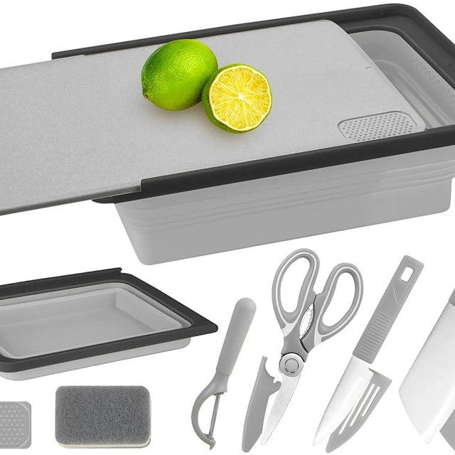 Camping Cutting Board Set - 7-in-1 Portable Foldable Chopping Board with Knife, Vegetable Washing Basket, Kitchen Essentials for Camping, RV, Picnic, Travel & Outdoor Cooking