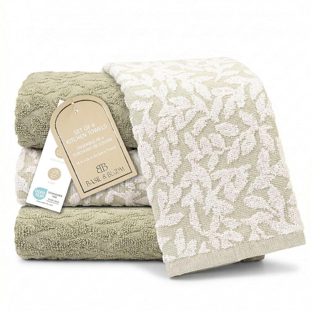 MosJos 4 Pack Hand Towels, Cotton Sage Green and White Floral Kitchen Towel, Soft and Absorbent Hand Drying Towels 18 x 28