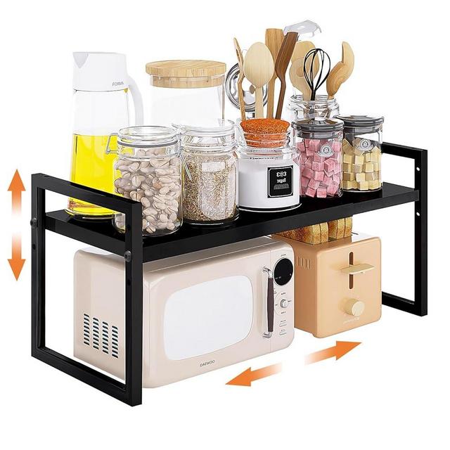DOLALIKE Expandable Kitchen Countertop Organizer, Stackable Cabinet Shelf Organizers, Space Saving Spice Rack Pantry Storage for Bathroom Office Organization (Black, 1 Pack)