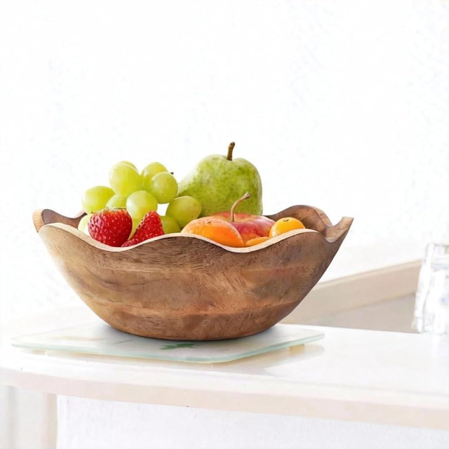 JIANXINGHOOM Scalloped Decorative Wooden Bowl 12 Inch Mango Wood Fruit & Serving Bowl Natural Grain Texture Ideal for Kitchen Counter Snacks Desserts Bread