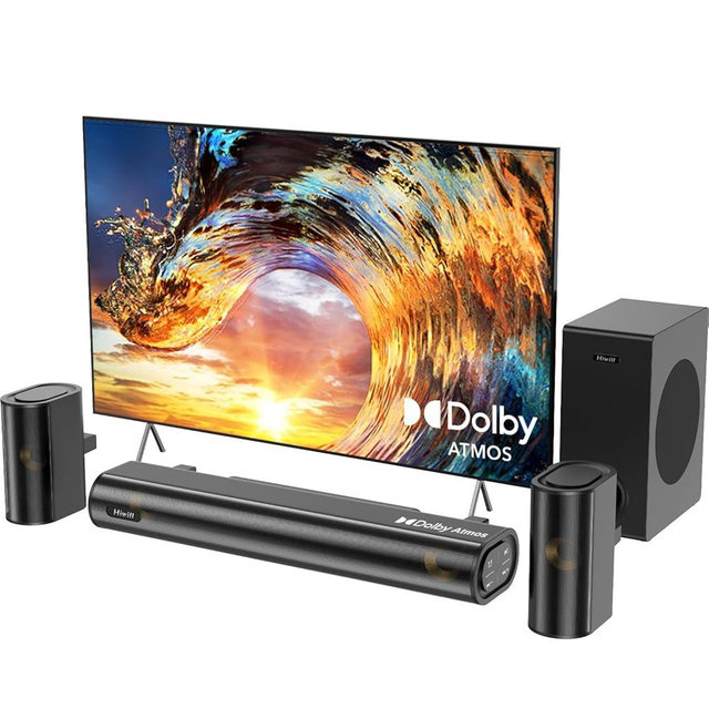 Hiwill 4.1ch Sound Bar with Dolby Atmos, 300W Sound Bar for Smart TV with Subwoofer, 2 Front Surround Speakers, Soundbar for TV Speaker, Adjustable Bass, Surround Sound System for TV, HiElite A41