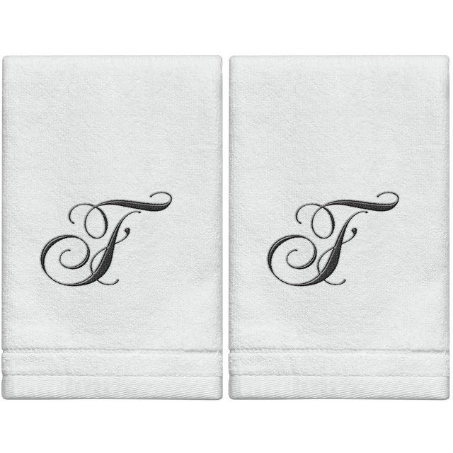 Monogrammed Towels Fingertip, Personalized Gift, 11 x 18 Inches - Set of 2- Black Embroidered Towel - Extra Absorbent 100% Cotton- Soft Velour Finish - For Bathroom/ Kitchen/ Spa- Initial F (White)