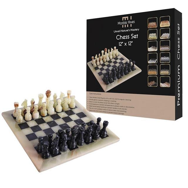 Handmade Marble Chess Set - Light Green & Black (12 x 12 Inches) - Chess Sets for Adults - Premium Quality Chess Boards - Fancy Chess Boards