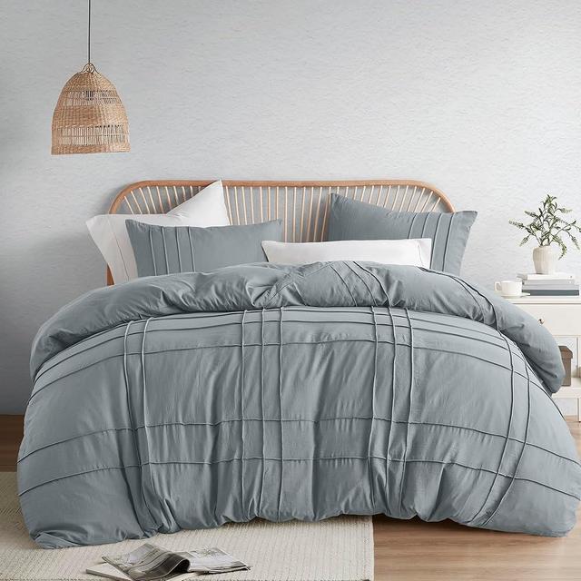 Comfort Spaces Blue/Grey King Size Duvet Cover Set - 3 Pieces Pintuck Pleated Duvet Cover King, All Season Lightweight, Extra Softness Pre-Washed Microfiber King Bedding Cover Shams, King/Cal King
