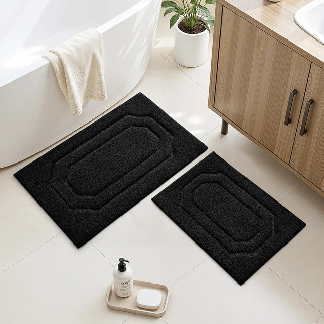 HOMEIDEAS Bathroom Rugs Sets 2 Piece, Extra Soft and Absorbent Microfiber Plush Bath Mat with Non Slip Backing(Black)